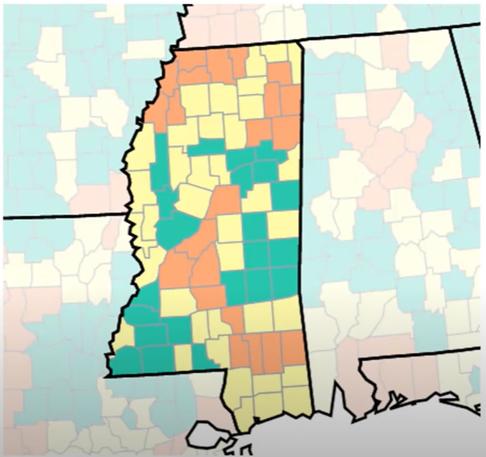 Counties highlighted in orange represent "higher risk" status.
