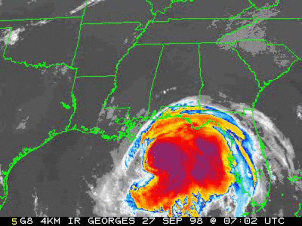 Infrared satellite image shows Hurricane Georges approaching Biloxi for landfall on Sep 28, 1998
