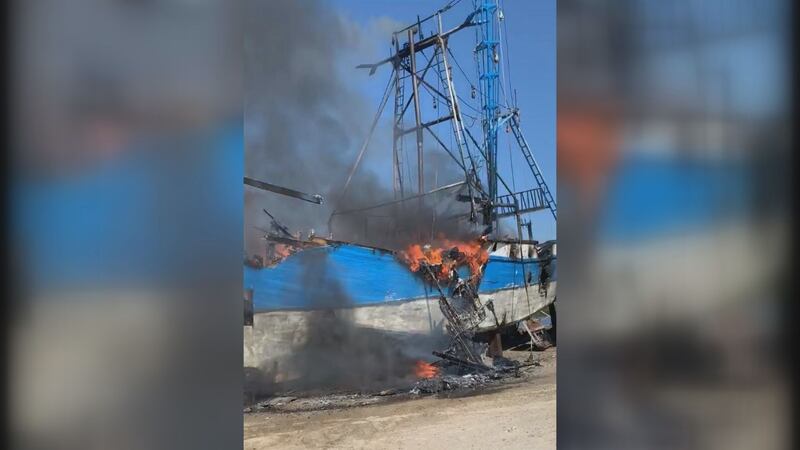 A shrimp boat that caught fire in April went up in flames against Friday morning.