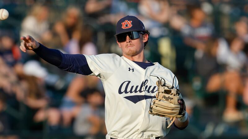 Auburn's Bryson Ware (8) throws the ball during an NCAA baseball game against Georgia on...