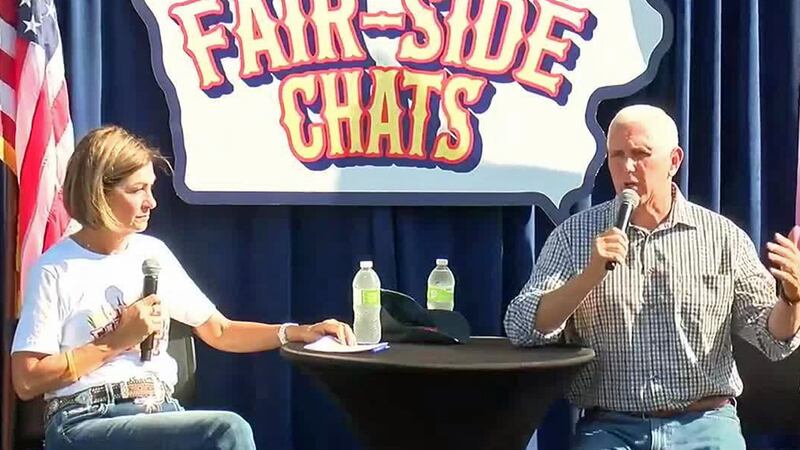 Mike Pence speaks at Gov. Kim Reynolds' "Fair-Side Chats" at the Iowa State Fair.