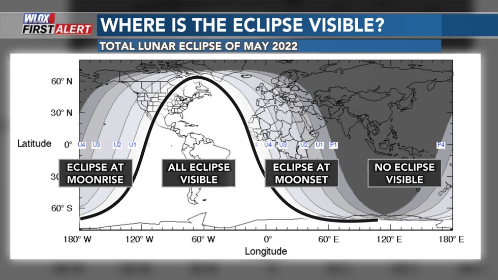 Map of where the May 15-16 eclipse will be visible. The entire total eclipse will be visible...