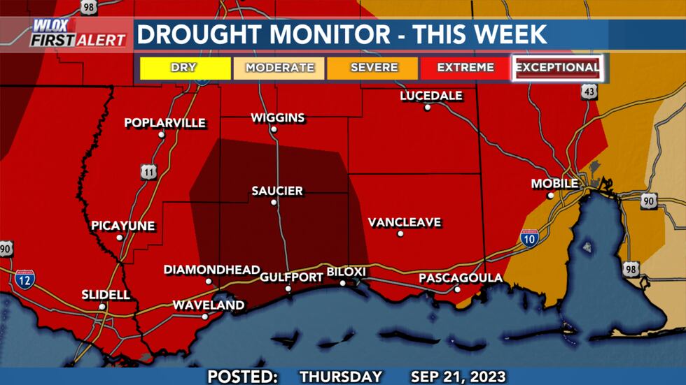 Thursday September 21st's update shows an 'exceptional' drought in Harrison County and...