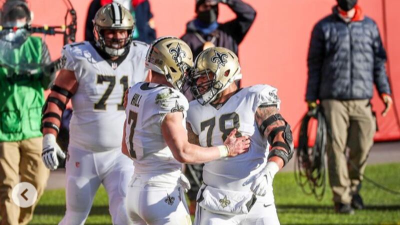 Taysom Hill celebrates one of his two TD runs. (Source: New Orleans Saints)