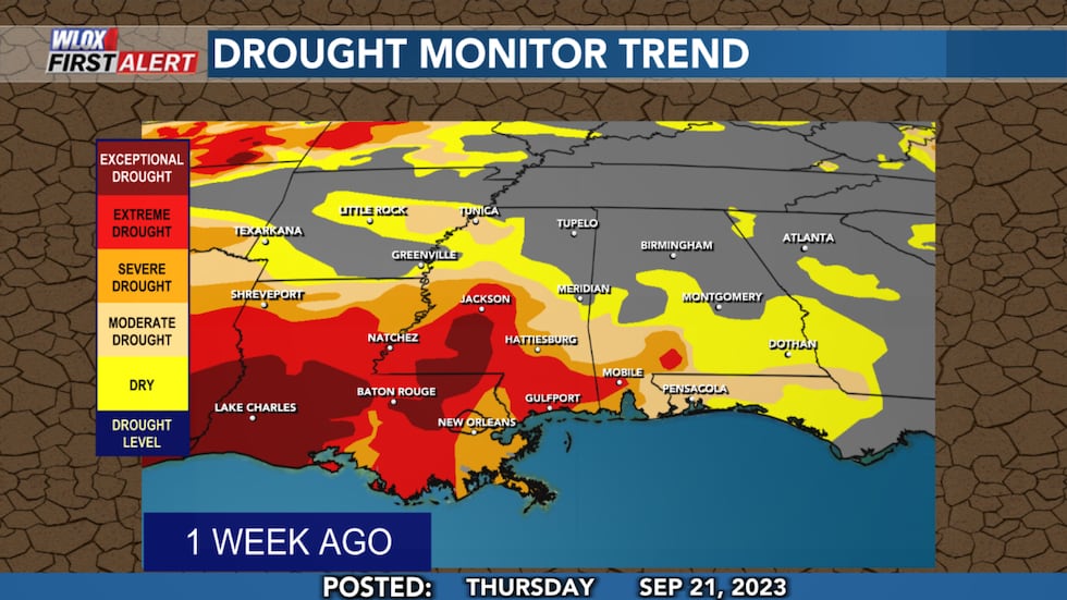 1 week ago, the drought was 'extreme' in Coastal Mississippi. But, it was not quite yet...